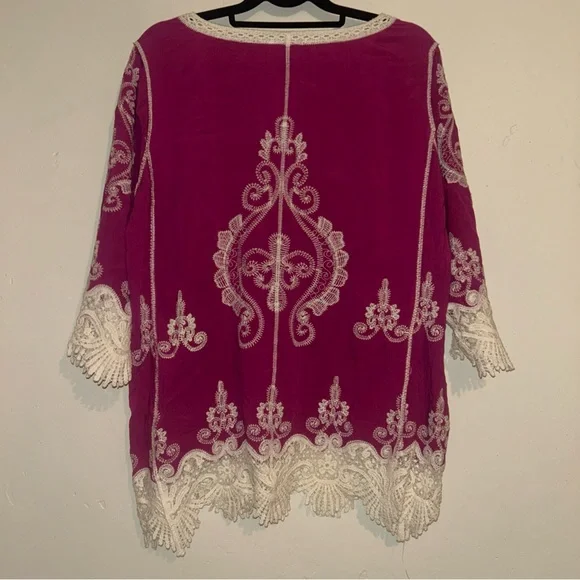 Ultra Pink Magenta Lace Embroidered Blouse 3/4 Sleeve Sz Small - Picture 5 of 5